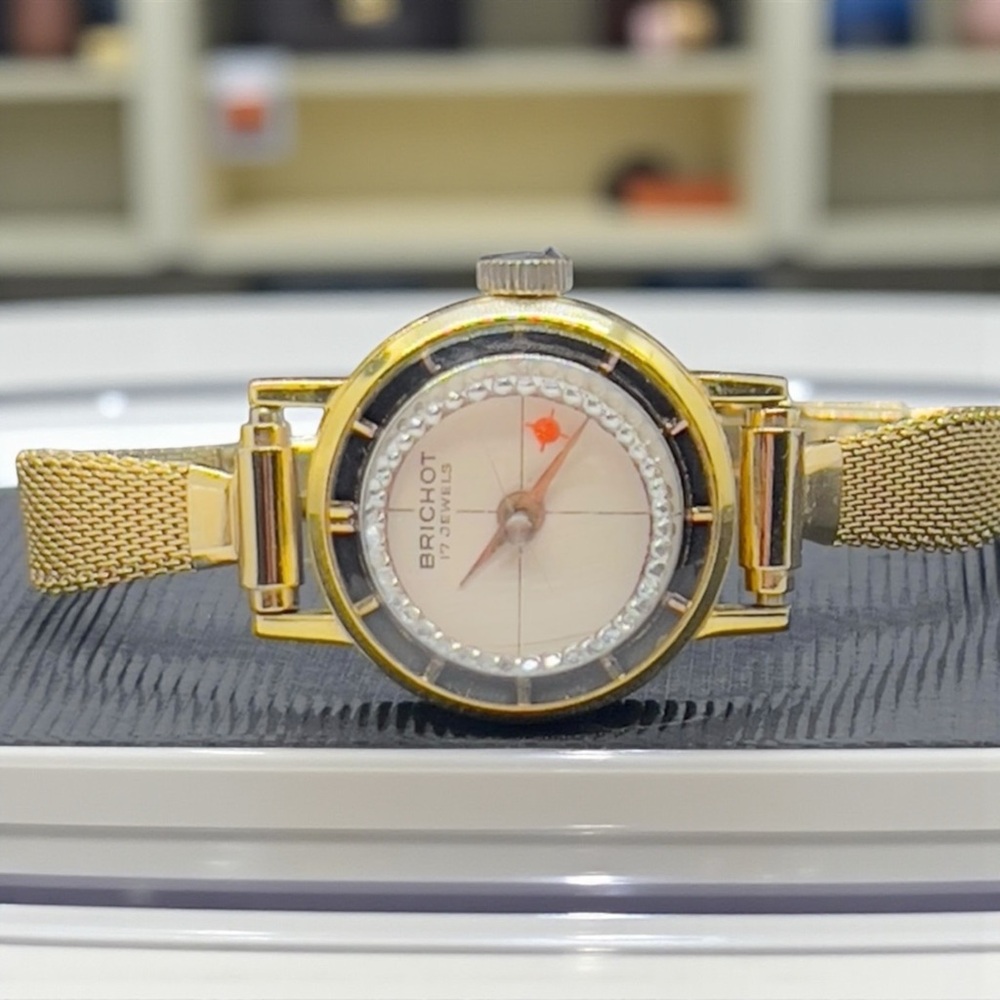 Vintage Brichot 17 Jewel Swiss Manuel Wind Watch & Gold Mesh Band